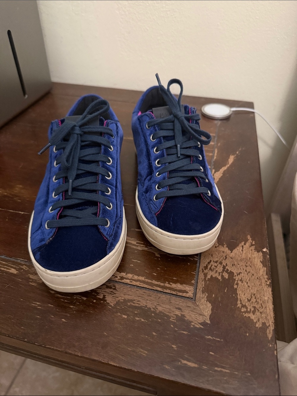 P448 Women's Velvet Low-Top Sneakers in Navy and White